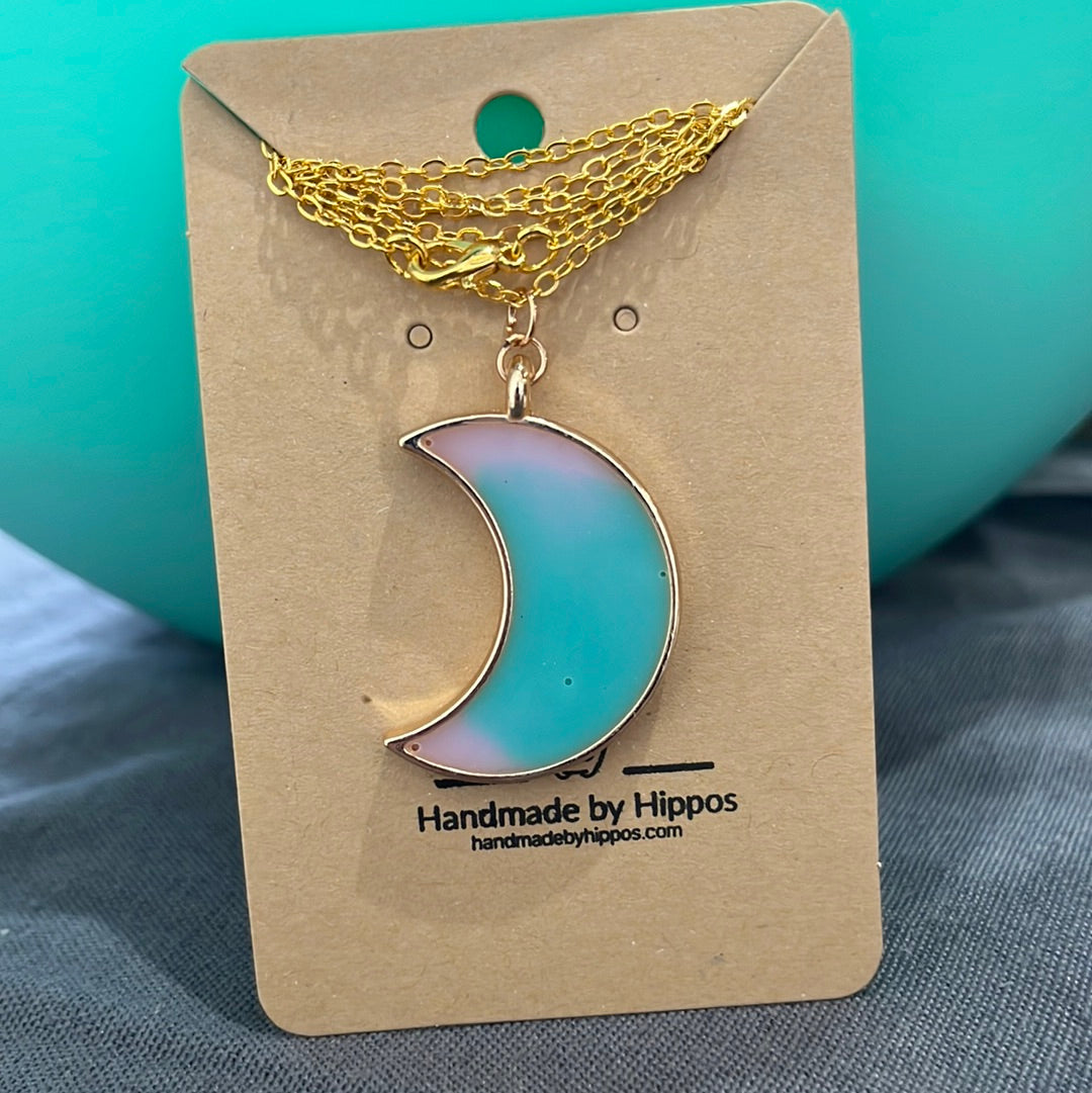 Teal and pink moon necklace - gold frame