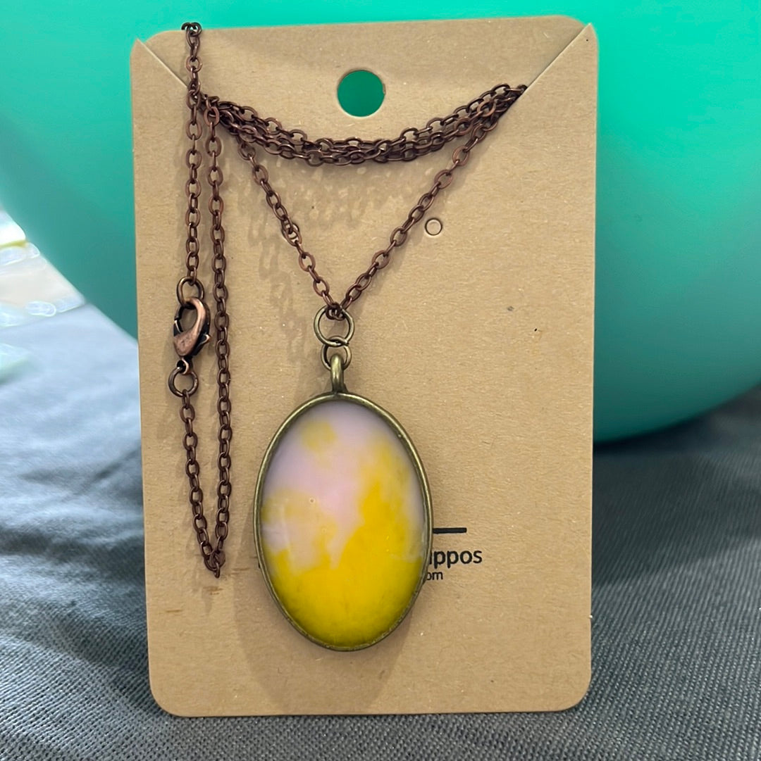 Pink and yellow oval necklace - bronze frame