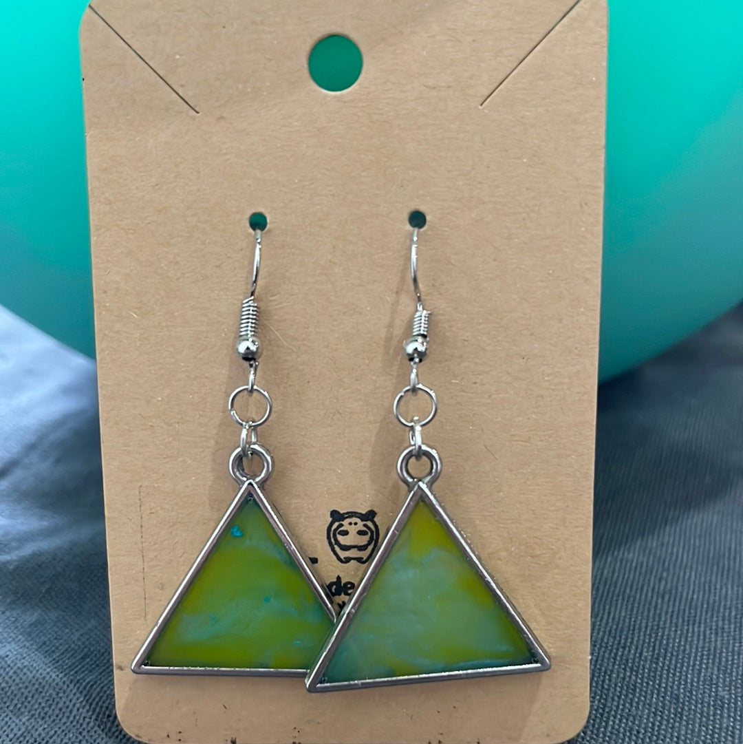 Green triangle earrings - silver frame