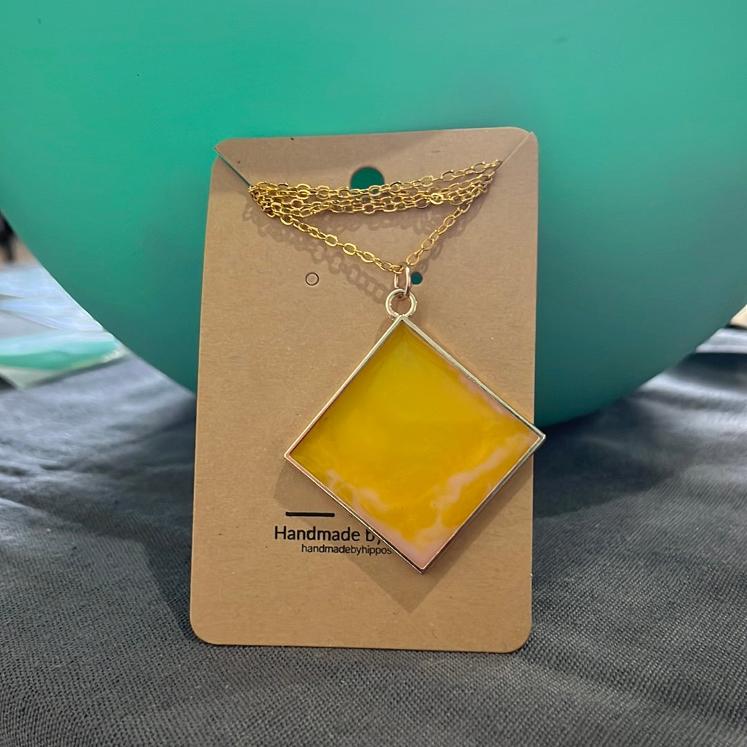 Yellow Diamond with pink swirl necklace- gold frame