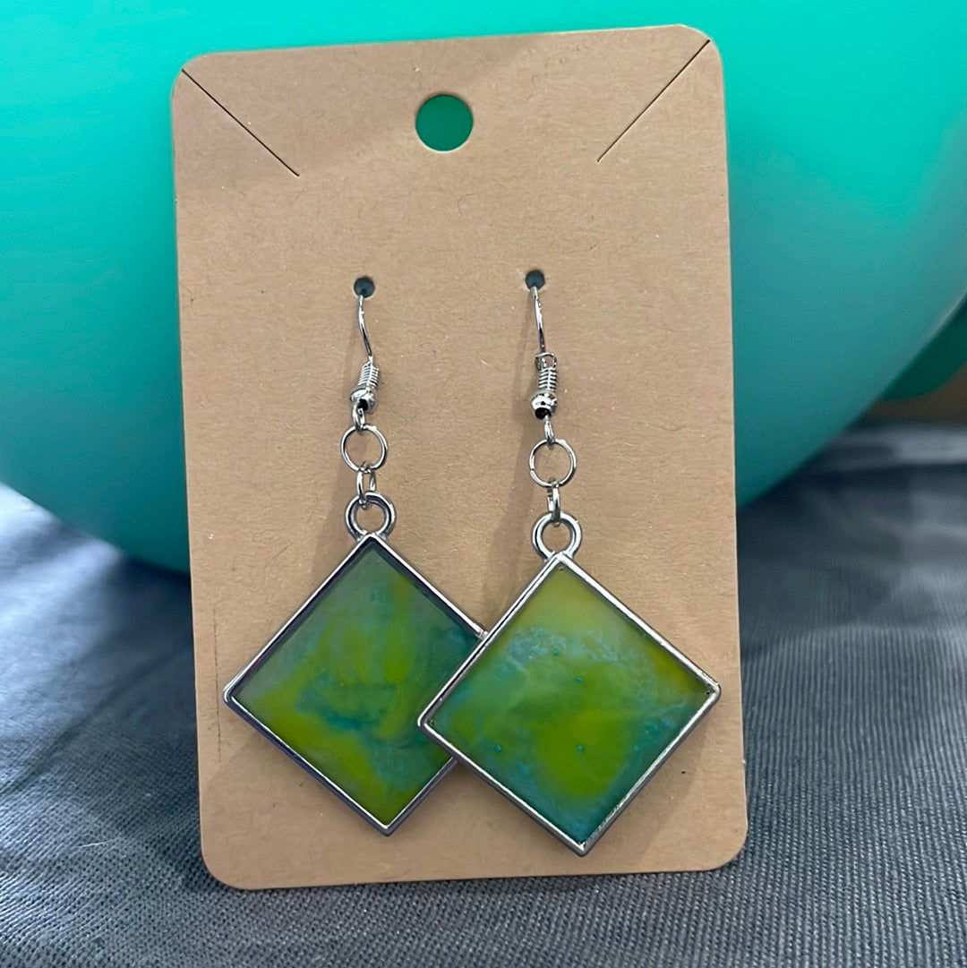 Green diamond earrings- silver frame