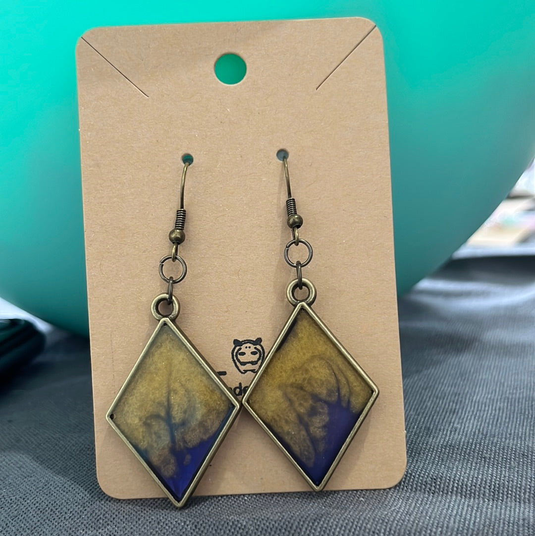 Blue/gold Diamond earrings - bronze frame