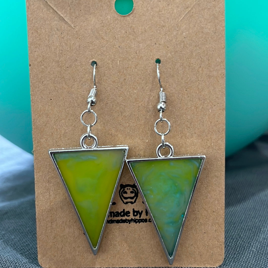 Large green triangle earrings - silver frame