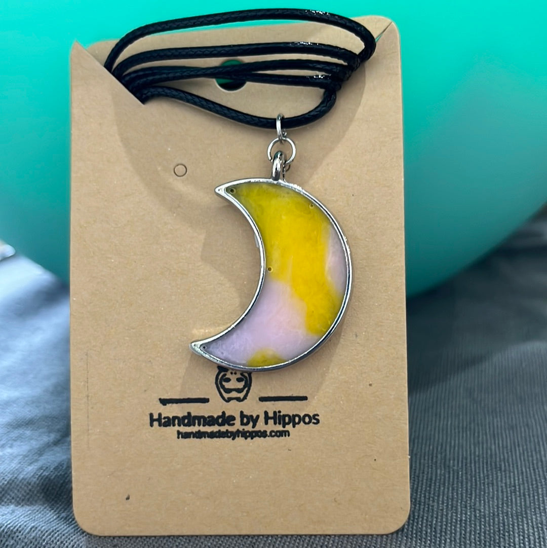 Pink and yellow moon necklace - silver frame