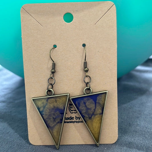 Blue/gold triangle earrings - bronze frame