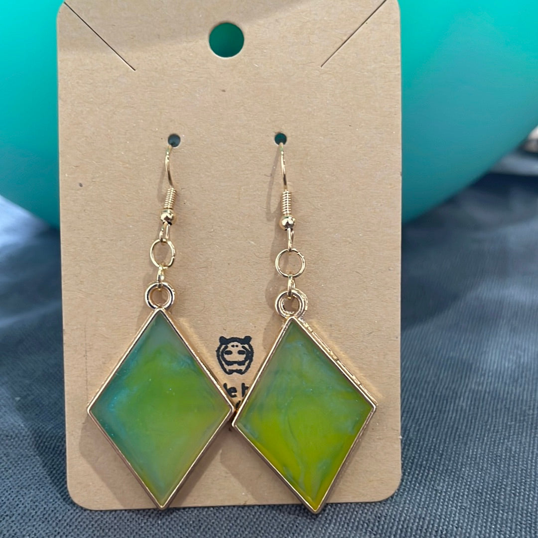 Green diamonds with gold frame earrings