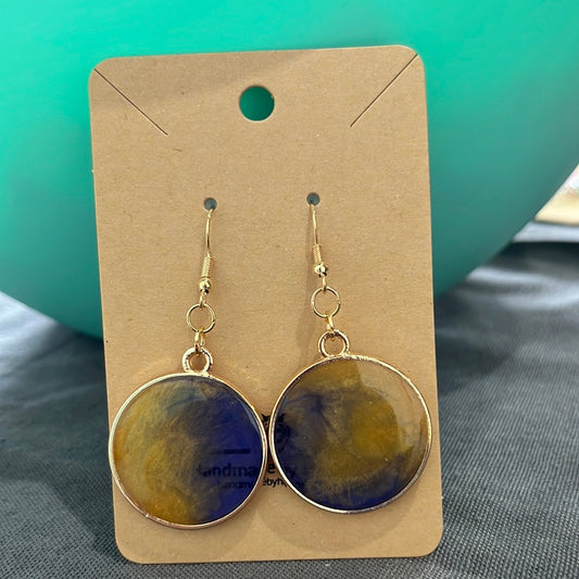 Blue/gold circle earrings - gold frame