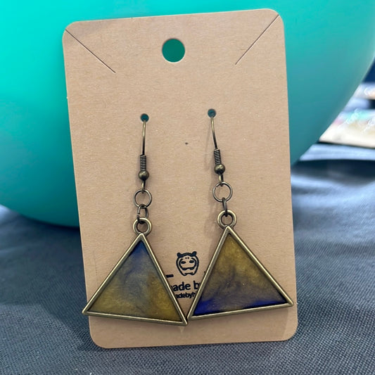 Blue/gold swirl triangle earrings - bronze frame