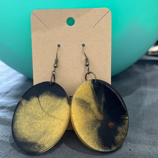 Black and gold swirl large oval earrings