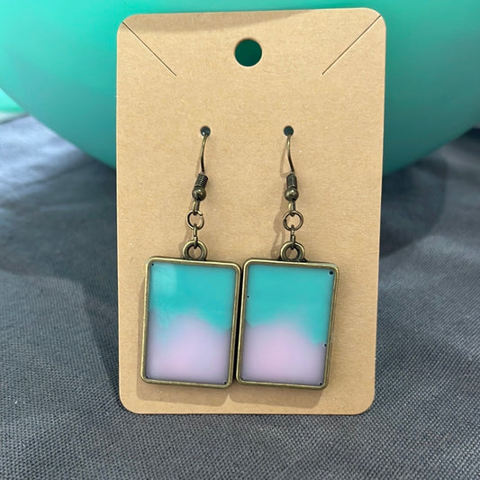 Pink/teal rectangle earrings bronze frame