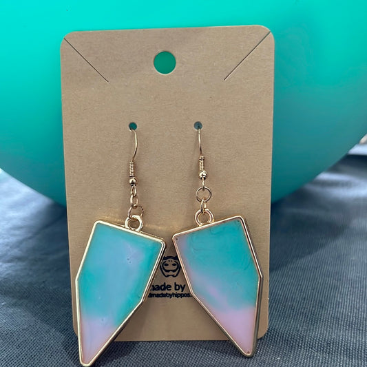 Pink/teal pentagon earrings - gold frame